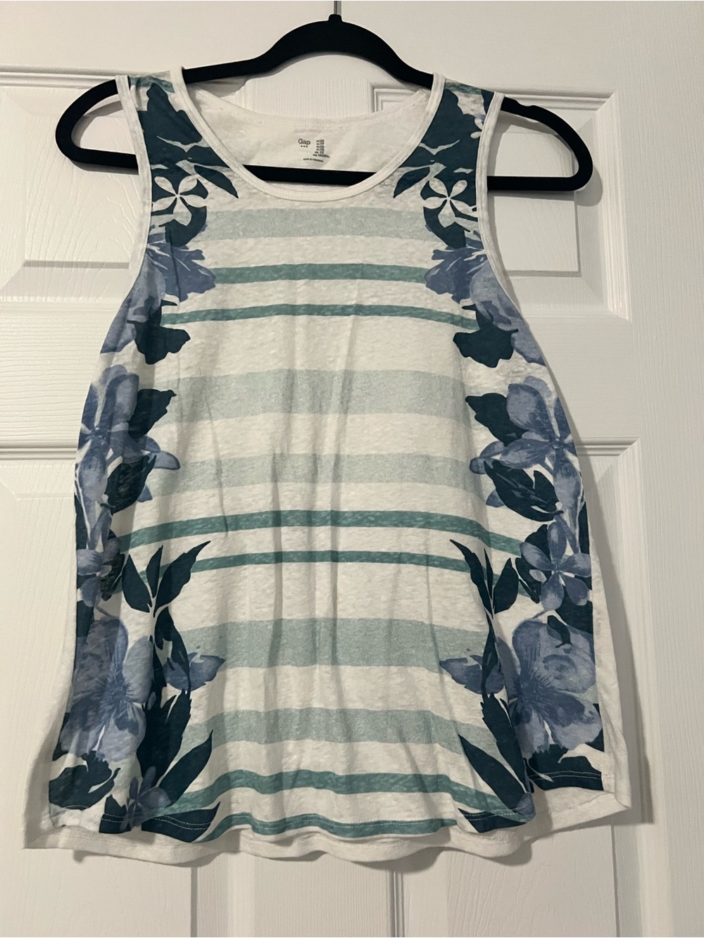 GAP White Tank Top with Blue Floral & Teal Stripes
